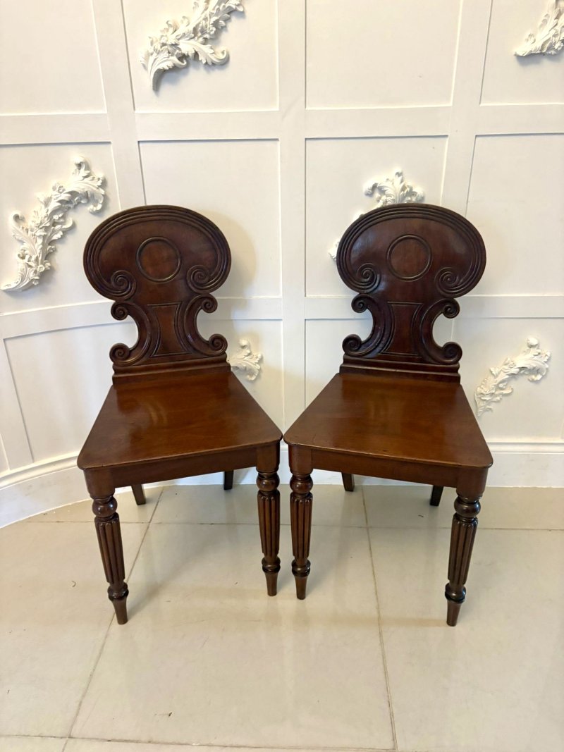 Pair of Antique Regency Quality Carved Figured Mahogany Hall Chairs - Image 4